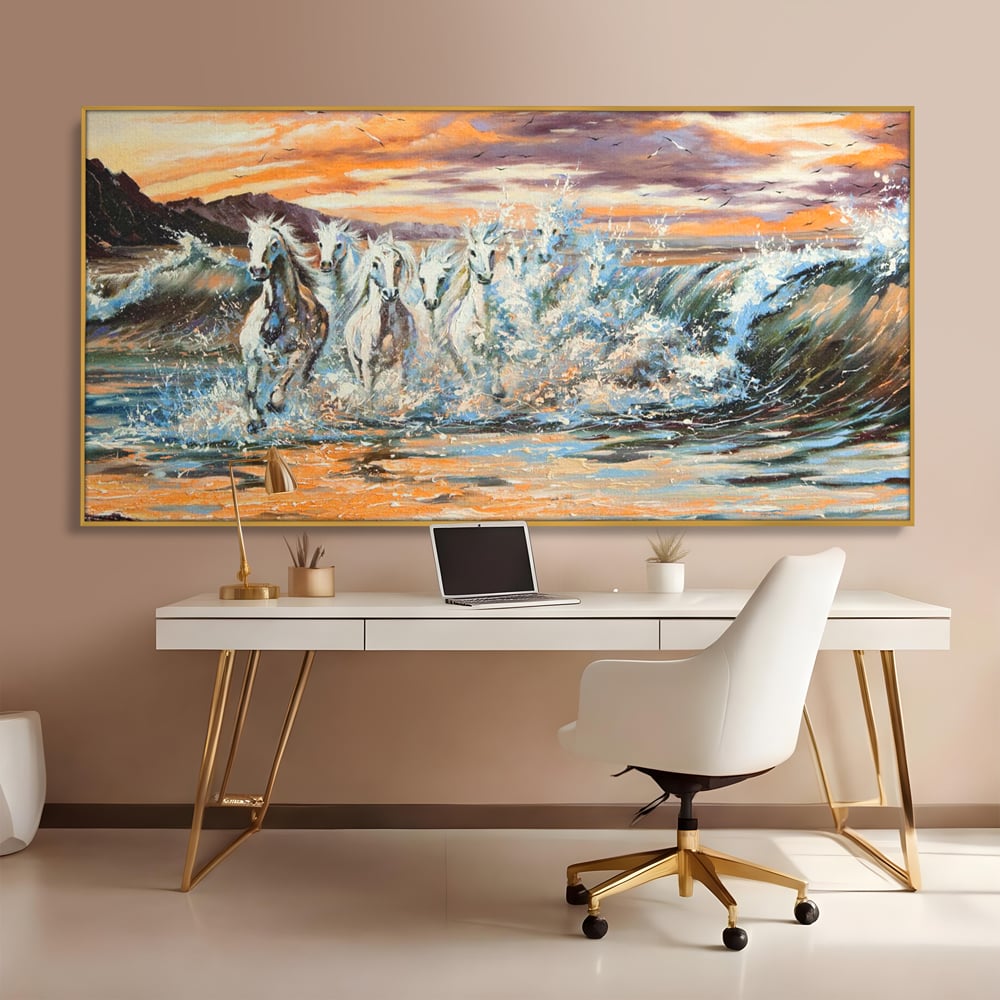 Tablou canvas cu tablou canvas cu cai galopand in valuri, in rama de aluminiu auriu, pe perete intr-un birou